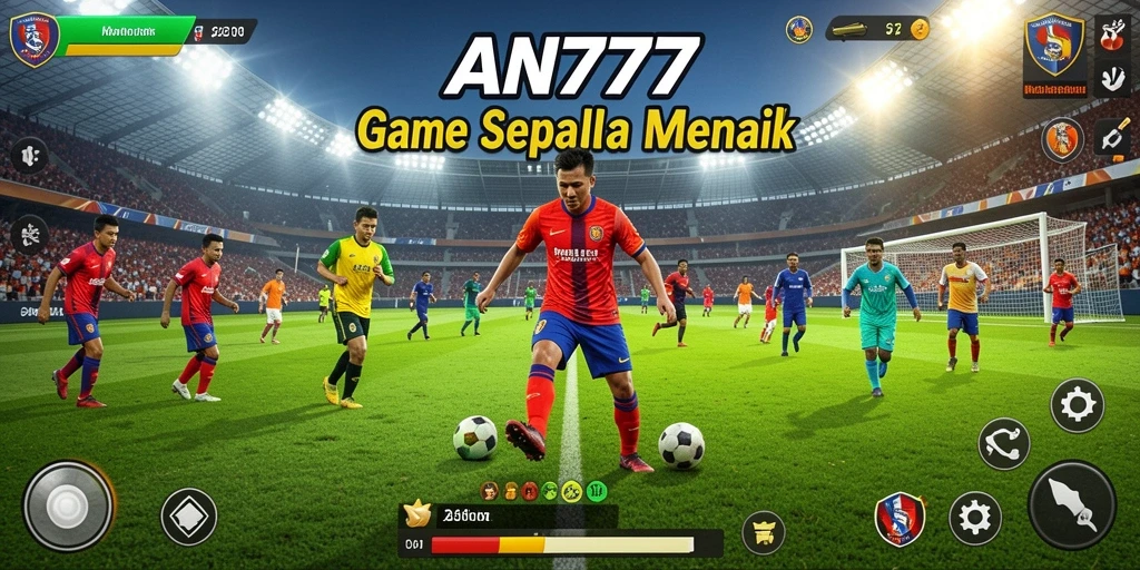 Tangkapan layar utama AN777 menampilkan aksi seru di lapangan sepak bola.