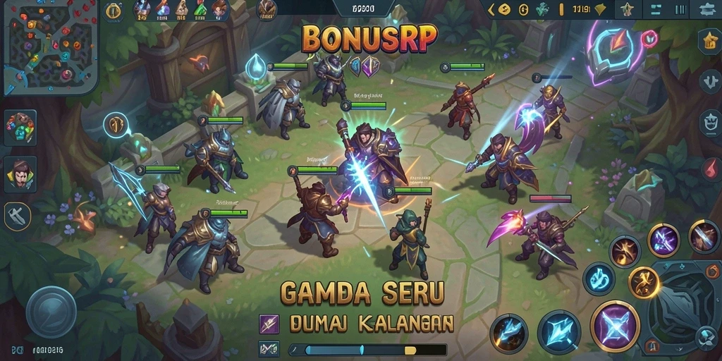 Tangkapan layar gameplay BONUSRP menampilkan aksi seru dalam pertempuran MOBA.