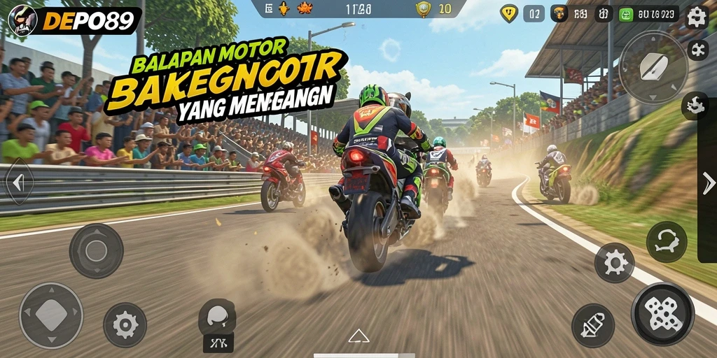 Screenshot gameplay DEPO89 menampilkan balapan motor yang mendebarkan dan menantang.