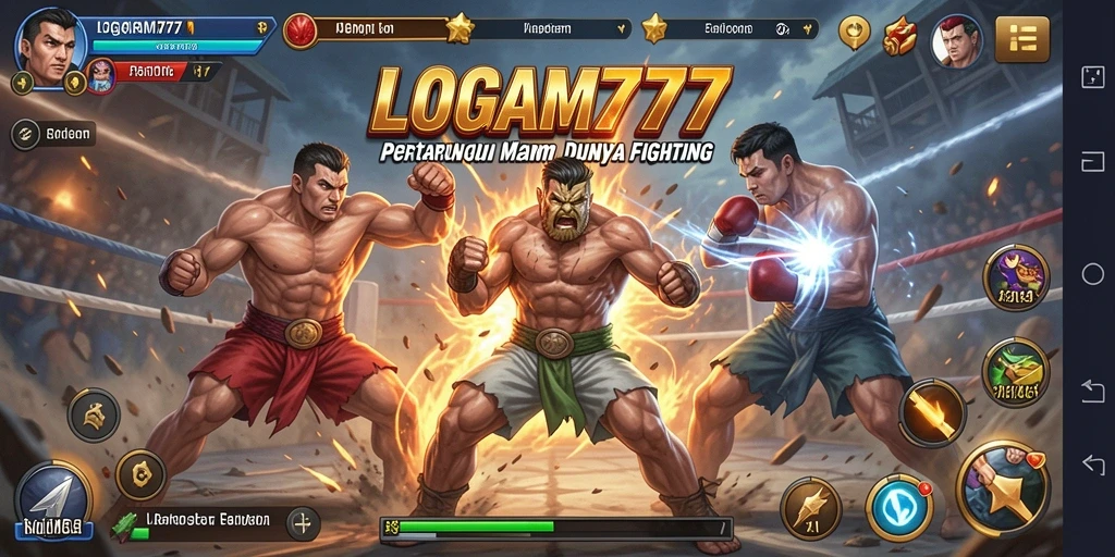 Tampilan aksi seru dari gameplay Fighting LOGAM777 dengan karakter bertarung.