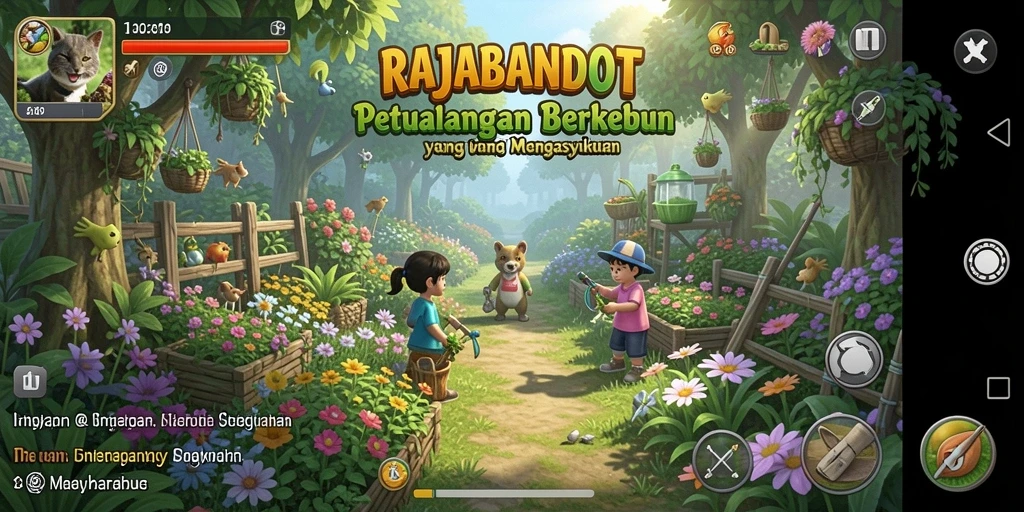 Gameplay RAJABANDOT menampilkan aktivitas berkebun yang seru dan interaktif.