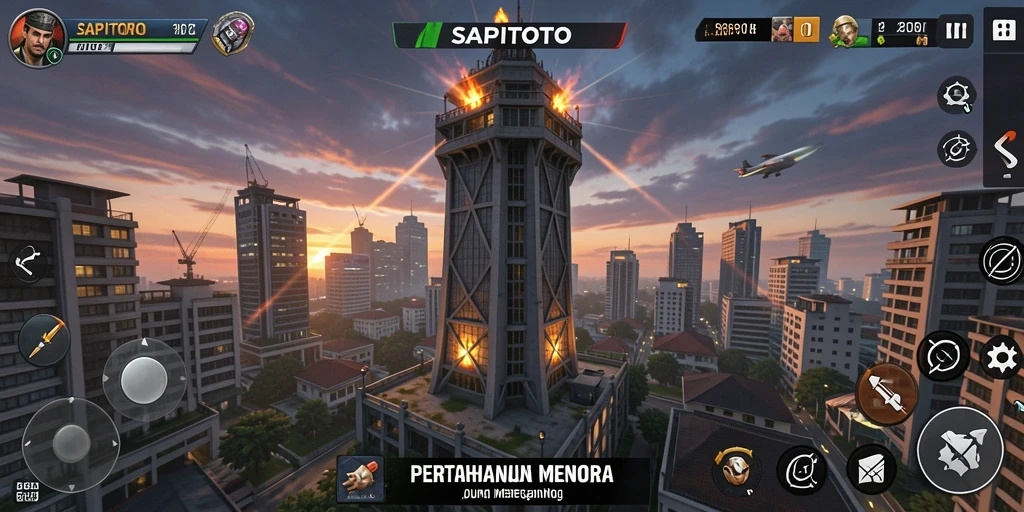 Tampilan gameplay menegangkan di dalam SAPITOTO dengan menara yang siap bertahan.